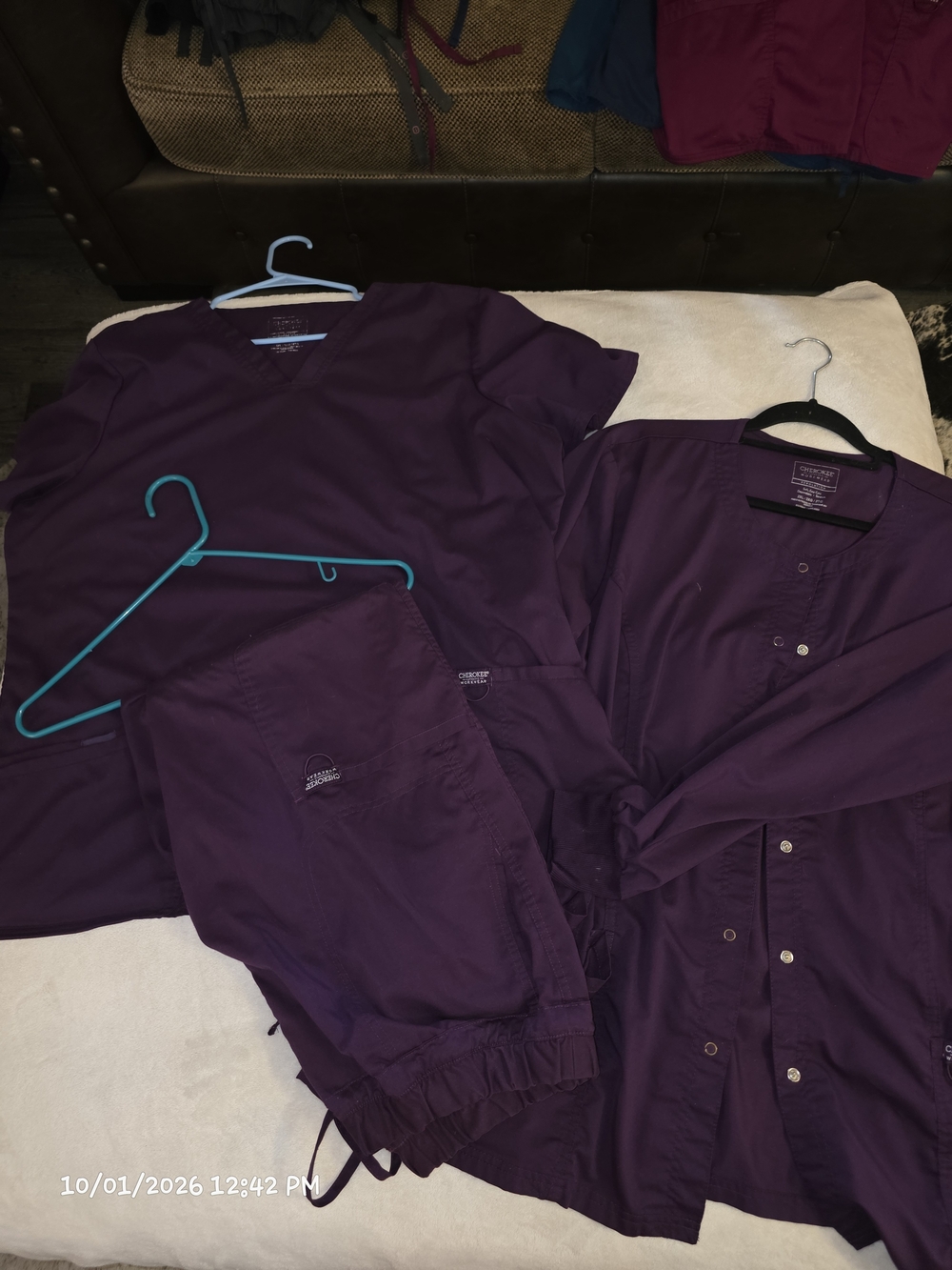 Cherokee Women Scrub Set Top, Pants & Jacket 2XL Purple Knit Solid Petite